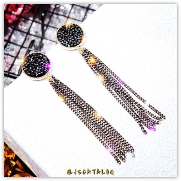 12mm Black Druzy on Gold Plated Long Tassel Earrings - Picture 1 of 5
